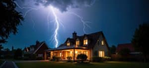 Un éclair frappe au-dessus d'une maison de banlieue bien éclairée la nuit, avec des nuages sombres au-dessus, rappelant aux propriétaires d'installer un paratonnerre pour se protéger contre la foudre et assurer la sécurité de leur famille.