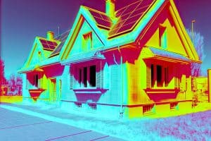 Une maison avec des panneaux solaires sur le toit, capturée par imagerie thermique, met en évidence les variations de température et révèle les ponts thermiques potentiels en couleurs vives.