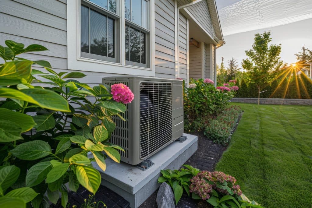 Une unité de climatisation extérieure est installée sur un socle en béton à côté d'une maison, entourée de plantes à fleurs et d'une pelouse bien entretenue au coucher du soleil - un exemple parfait de pourquoi il est essentiel d'entretenir une pompe à chaleur.