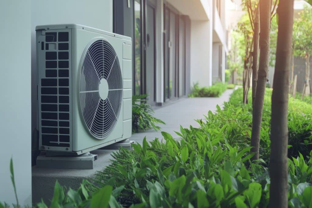 Une unité de climatisation extérieure est installée sur un socle en béton à côté d'un bâtiment, entourée de plantes vertes et d'une allée - montrant comment installer une pompe à chaleur peut allier confort et nature.