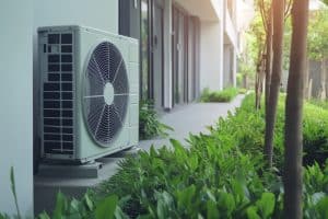 Une unité de climatisation extérieure est installée sur un socle en béton à côté d'un bâtiment, entourée de plantes vertes et d'une allée - montrant comment installer une pompe à chaleur peut allier confort et nature.