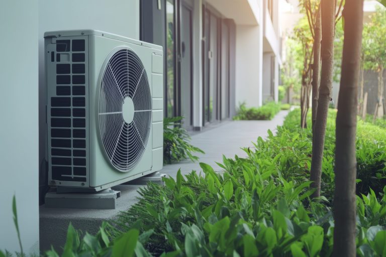 Une unité de climatisation extérieure est installée sur un socle en béton à côté d'un bâtiment, entourée de plantes vertes et d'une allée - montrant comment installer une pompe à chaleur peut allier confort et nature.