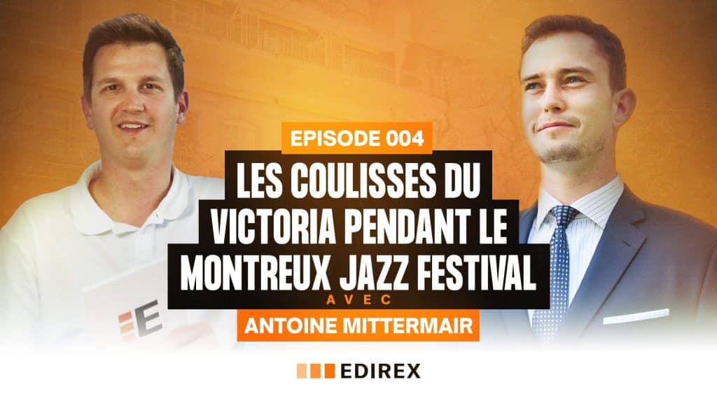 Deux hommes figurent sur une bannière promotionnelle pour l'épisode 004 du podcast La Voix du Bâtiment, qui explore les coulisses de Victoria pendant le Montreux Jazz Festival avec l'invité Antoine Mittermair, présenté par Edirex.
