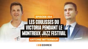 Deux hommes figurent sur une bannière promotionnelle pour l'épisode 004 du podcast La Voix du Bâtiment, qui explore les coulisses de Victoria pendant le Montreux Jazz Festival avec l'invité Antoine Mittermair, présenté par Edirex.