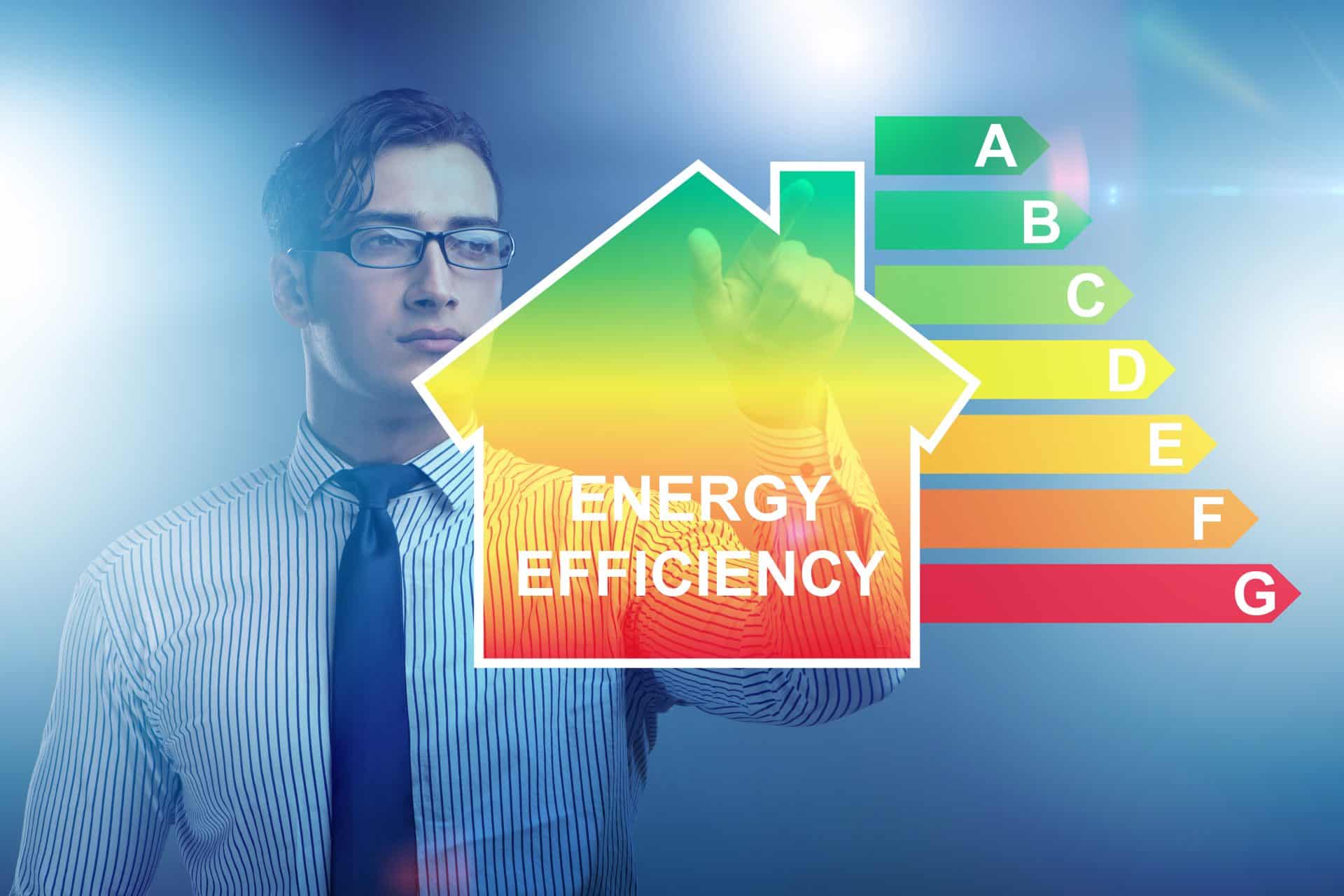 Un homme en tenue de travail touche un écran transparent comportant une icône de maison étiquetée "Efficacité énergétique", une échelle de performance énergétique allant de A (vert) à G (rouge) et la certification CECB+ en arrière-plan.