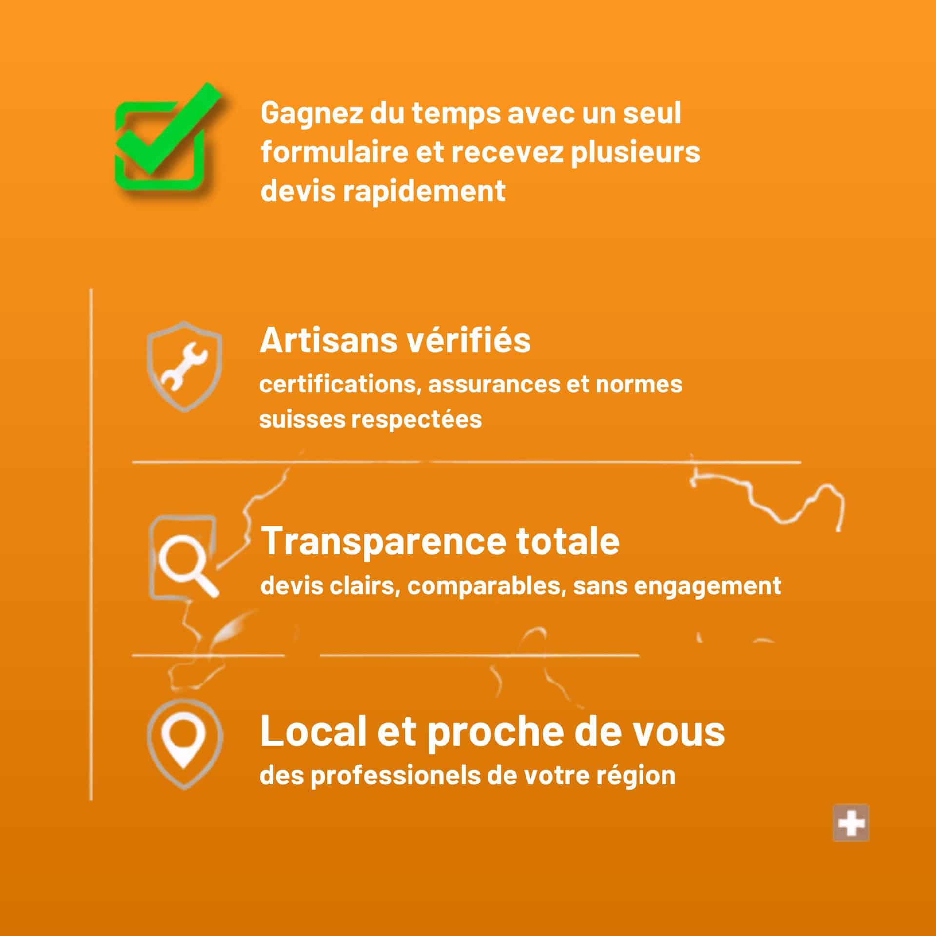 Infographie orange présentant les avantages d'un service de devis : gain de temps, artisans vérifiés, transparence totale et proximité locale.